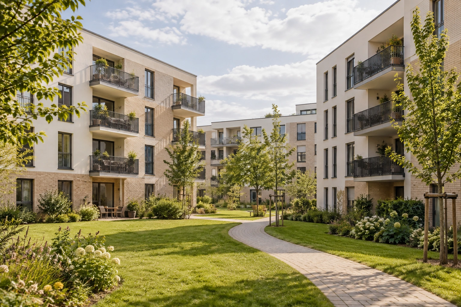 Modernes Wohnquartier mit Balkonen und begrüntem Innenhof – Visualisierung